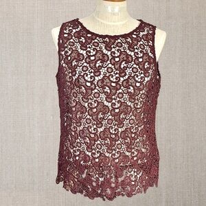 White House Black Market Burgundy Floral Lace Crochet Overlay Only SzL